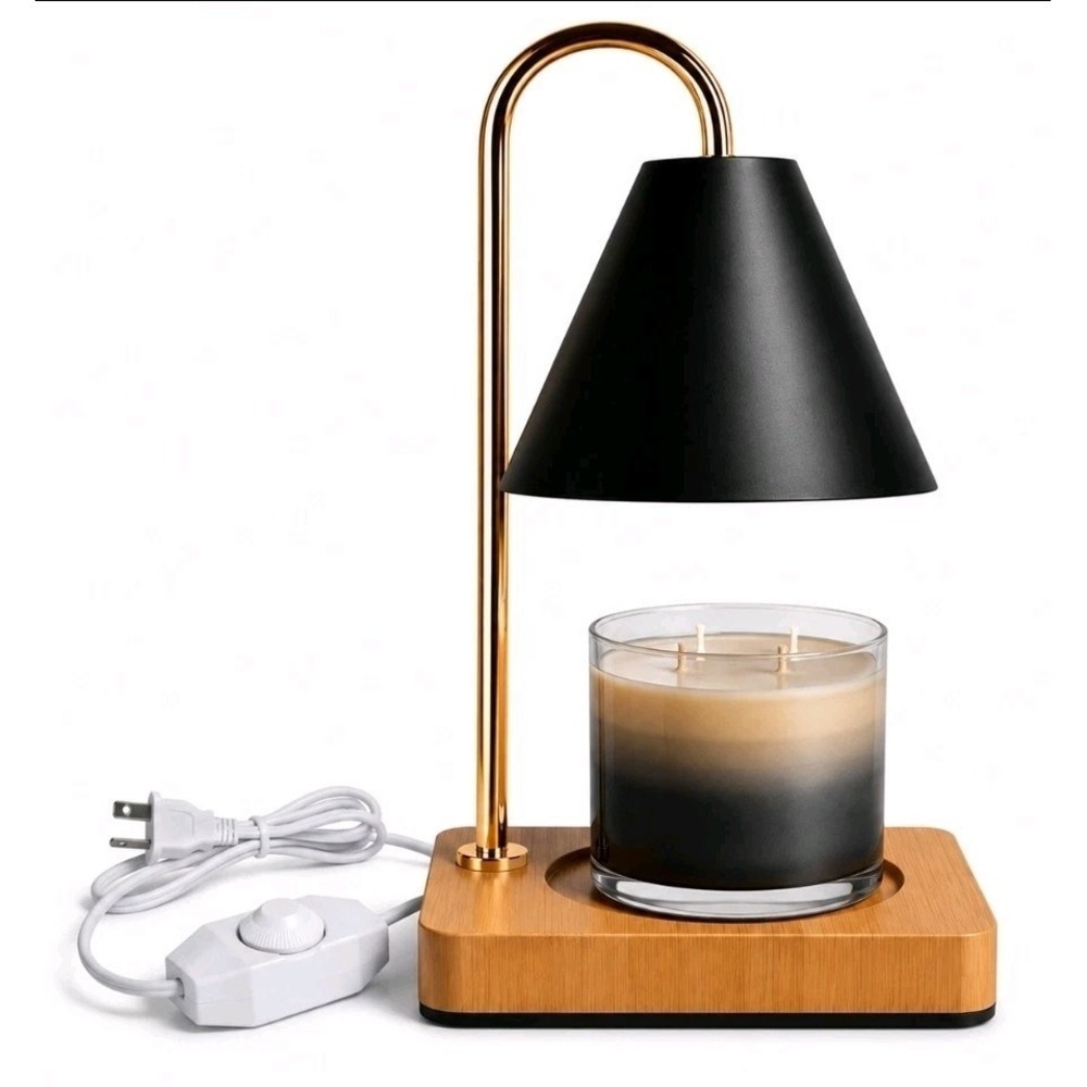 NIB Candle Warmer Black Table Lamp Wood Base Stepless Dimming Lightbulbs Incl